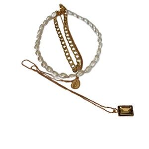 Gold Tone Layered Necklace Baroque Pearls, Virgin Mary Pennant, Brown Crystal